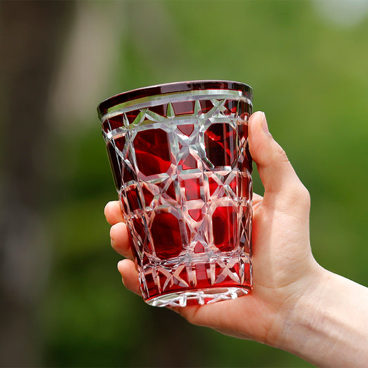 JP-045 Ruby Red and Transparent Color Cased Crystal Glass Highball Glass Tumblers---Hand engraved big diamond Patterns