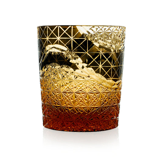 JP-038 250 ml Japanesque Style Black and Amber Color Cased Glass Whiskey Tumblers with Hand Engraved Mountain Chrysanthemum Pattern