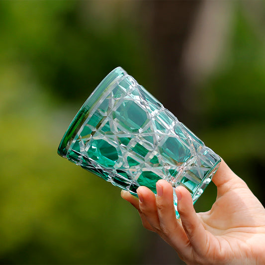 JP-045 Green and Transparent Color overlaid Crystal Glass Highball Glass Tumblers---Hand engraved big diamond Patterns