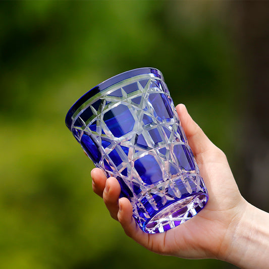 JP-045 Blue and Clear overlaid Crystal Glass Highball Glass Tumblers---Hand engraved big diamond Patterns