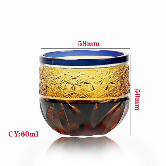 JP-021 60 ML Premium Japanese Blue and Amber Colored Cold Sake Glass Cup,Chilled Sake Glass ,Small Drinking Vessel With Hand Cut Kiriko Chrysanthemum pattern