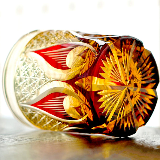 JP-020 25 CL Ruby Red and Amber Overlaid Glass Whiskey Tumbler With Hand Engraved candle flame Design