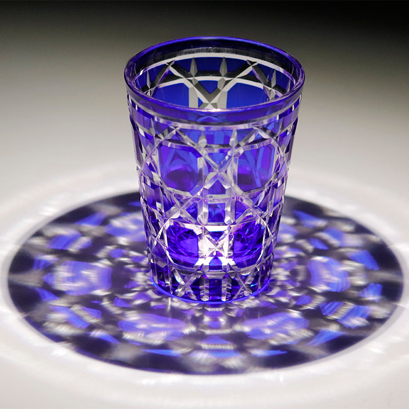 JP-045 Blue and Clear overlaid Crystal Glass Highball Glass Tumblers---Hand engraved big diamond Patterns