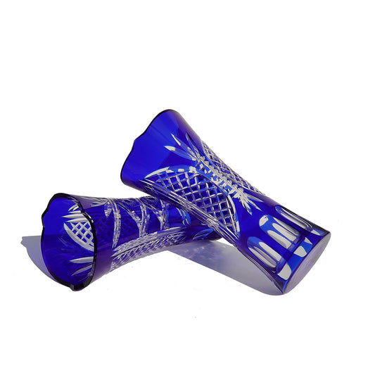 Middle size Height:175mm Hand engraved and blue colored glass flower vase with hand carved sunflower and butterfly design