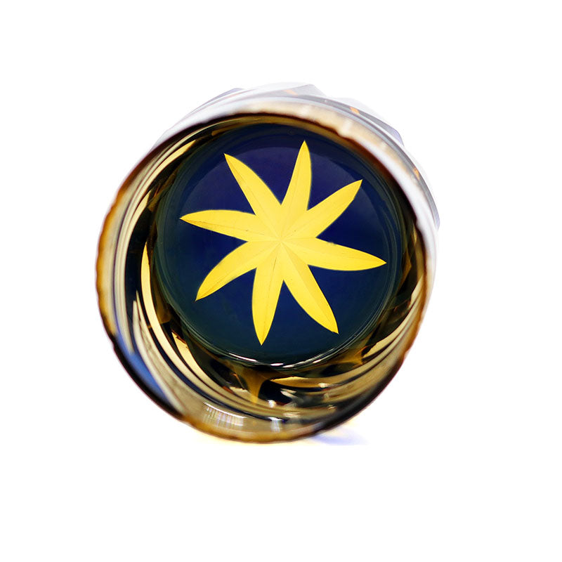 JP-029 25 CL Blue and Amber Tinted Glass Whiskey Tumbler With Classic Hand Cut Burning Flame Pattern