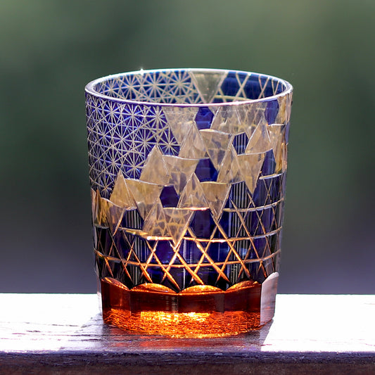 JP-039 250 ml Blue and Amber Overlaid Glass Cold Drinking Glass Tumbler With Hand Carved Geometric Design