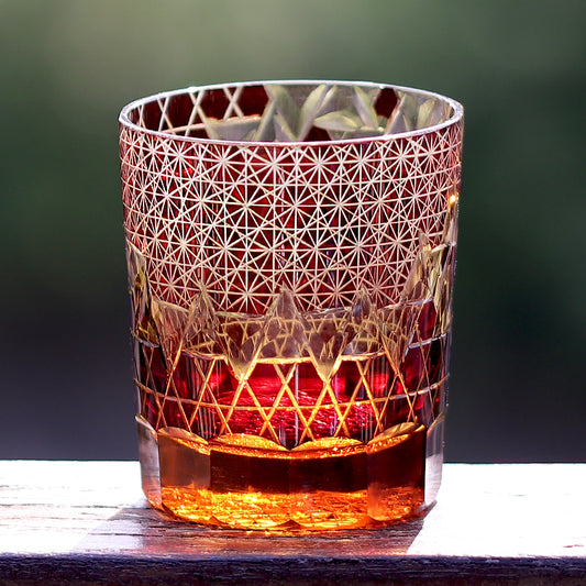 JP-039 250 ml Ruby Red and Amber Overlaid Glass Cold Drinking Glass Tumbler With Hand Carved Geometric Design