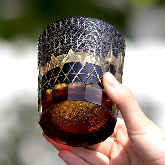 JP-039 250 ml Black and Amber Overlaid Glass Cold Drinking Glass Tumbler With Hand Carved Geometric Design