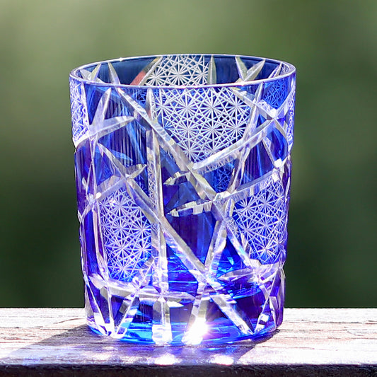 JP-042 240 ml Japanese Style Hand Cut To Clear Blue Cased Crystal Glass Cocktail Whiskey Tumbler With Classic Edo Kiriko's Lightning Streaks Pattern
