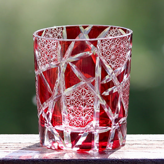 JP-042 Hand Cut To Clear Ruby Red Rocks Whiskey Glass Tumbler With Classic Japanese Edo Kiriko's Lightning Streaks Pattern