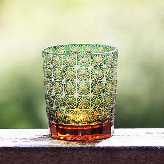 JP-022 Green and amber color cased Glass Whiskey Tumblers with classic Japanesque Hand cut design