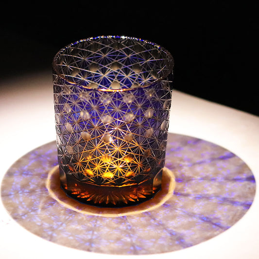 JP-022 240ml Edo Kiriko Old Fashioned Glass Tumbler Blue and amber color cased Glass Whiskey Tumblers with classic Japanesque Hand cut design