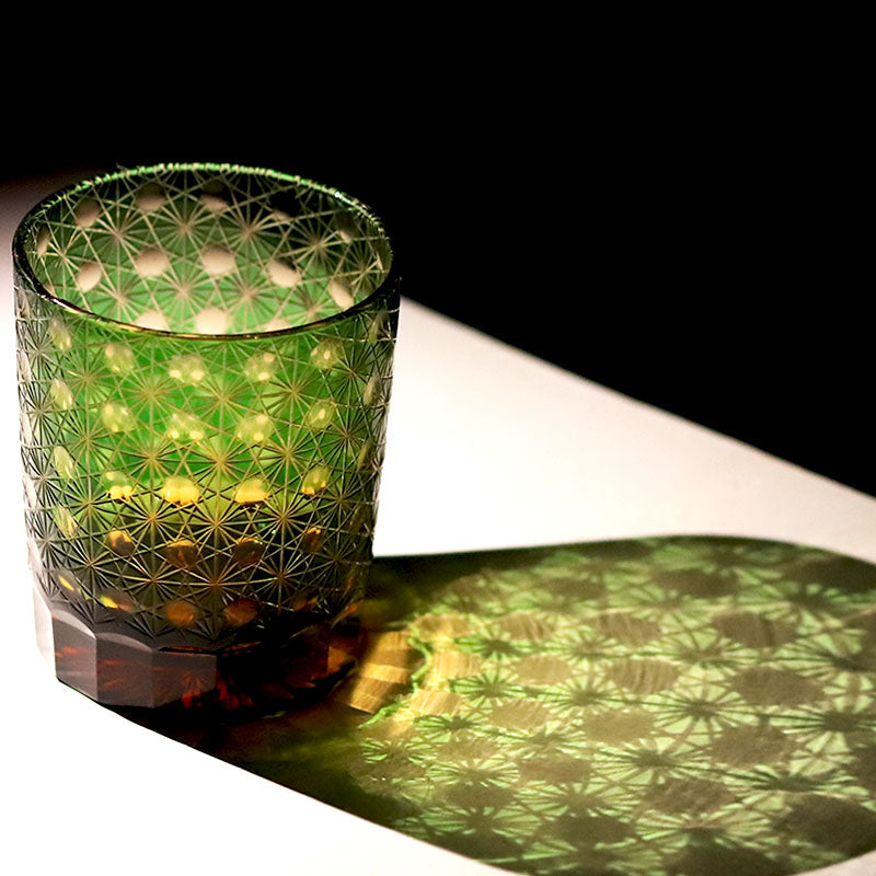 JP-022 Green and amber color cased Glass Whiskey Tumblers with classic Japanesque Hand cut design