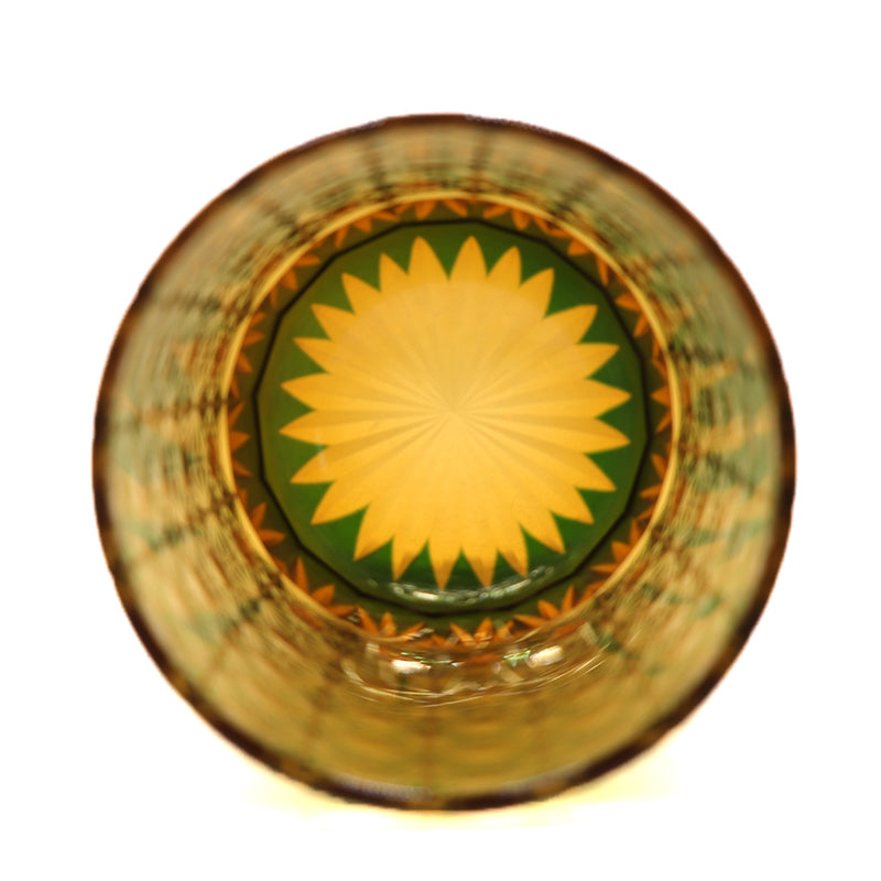 JP-022 Green and amber color cased Glass Whiskey Tumblers with classic Japanesque Hand cut design