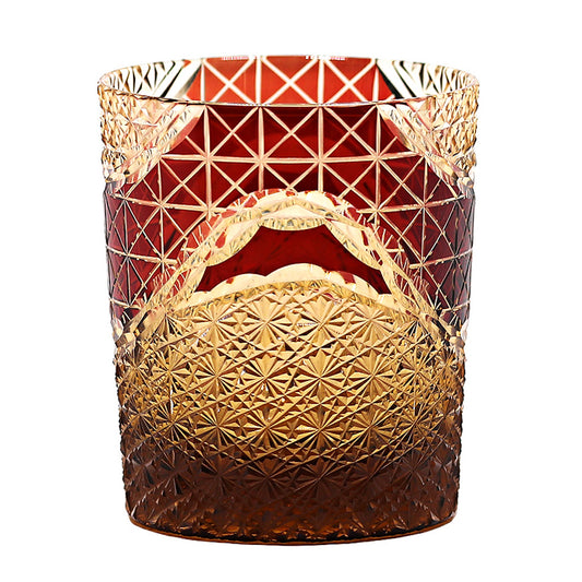 JP-038 250 ml Japanesque Style Ruby Red and Amber Color Cased Glass Whiskey Tumblers with Hand Engraved Mountain Chrysanthemum Pattern