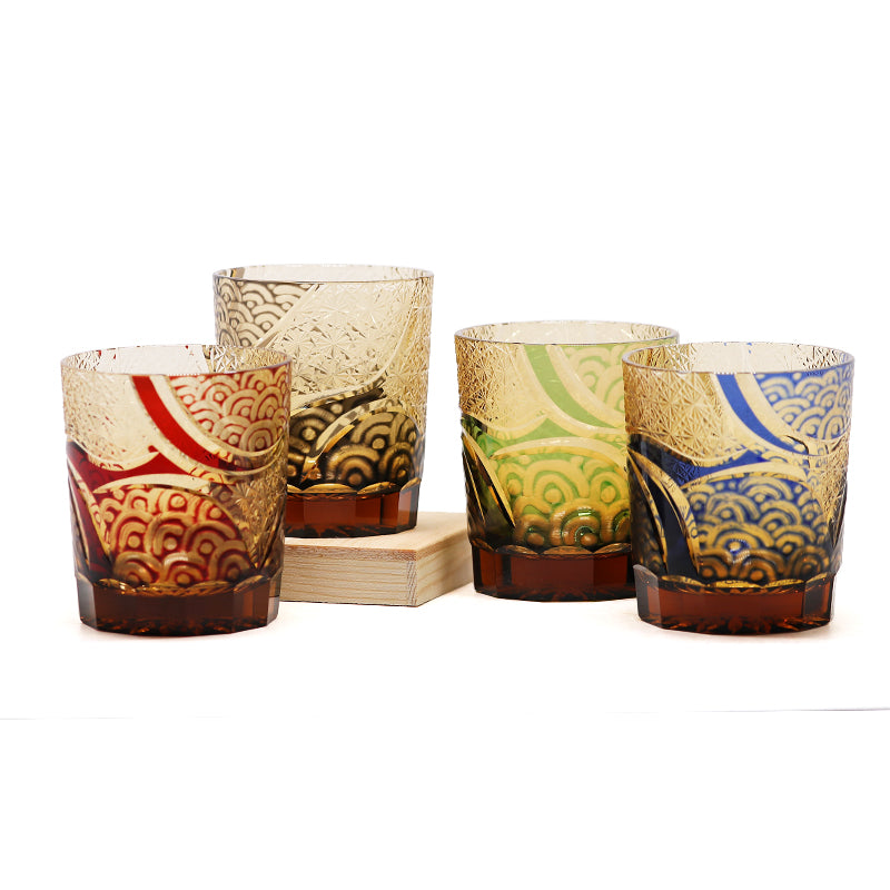 JP-041 250 ml Hand blown Green and Amber Color Tinted Glass Whiskey Tumbler With Hand Engraved Moon and Waves Design