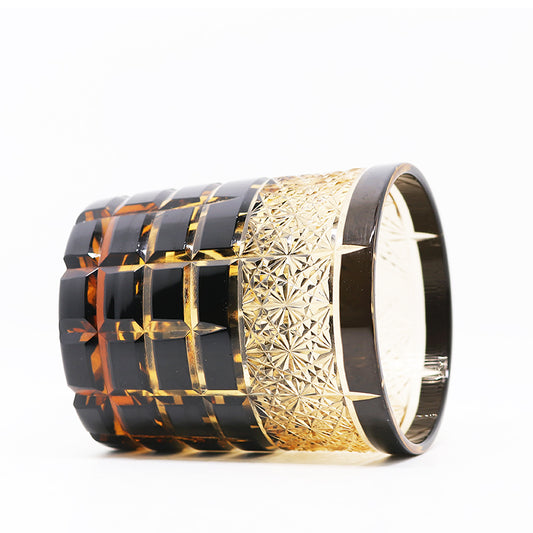 JP-021 Handmade Black Amber Cased Glass Whiskey Tumbler Rock Glass With Hand Cut Checked Chrysanthemum Pattern