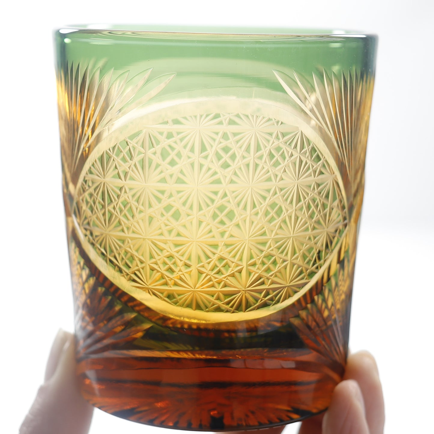 JP-030 250 ml Green and Amber Tinted Glass Whiskey Cup With Hand Cut Classic Chrysanthemum And Fans 2 different Design