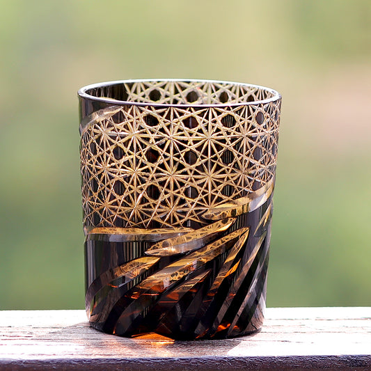 JP-031 Hand blown Black and Amber Colored Glass Whiskey Tumblers with Handcraft Carved Diamond Pattern