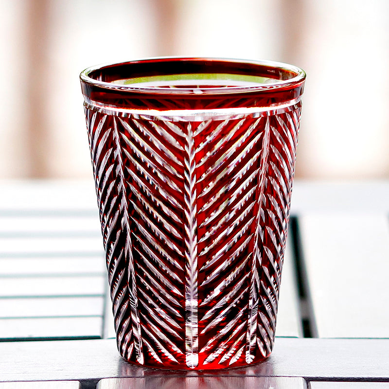 JP-046 Hand Engraved and Ruby Red Color Cased Crystal Glass Highball Tumblers---Hand Cut To Clear Feather Design