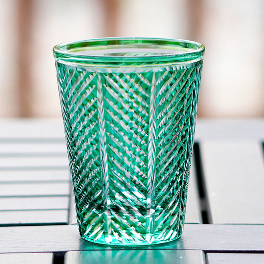 JP-046 Green and Transparent overlaid Glass Highball Tumblers---Hand Cut To Clear Feather Design