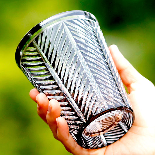 JP-046 Hand Engraved Cocktail Glass Highball Glass Black and Transparent overlaid Crystal Glass Highball Tumblers---Hand Cut To Clear Feather Design