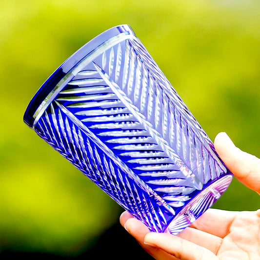 JP-046 Blue and Transparent overlaid Glass Highball Tumblers---Hand Cut To Clear Feather Design