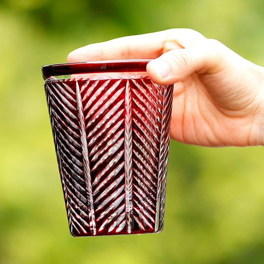 JP-046 Hand Engraved and Ruby Red Color Cased Crystal Glass Highball Tumblers---Hand Cut To Clear Feather Design