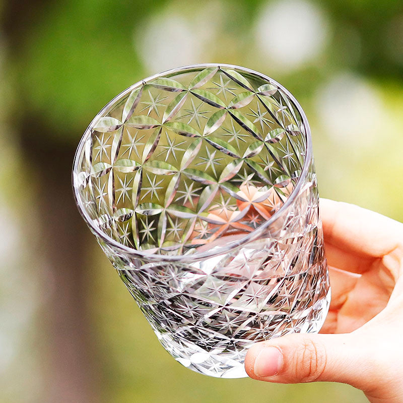 JP-051 32 cl Mouth Blown Smokey Grey Color Tinted Glass Water Whiskey Glass Tumblers---Hand engraved cross and stars