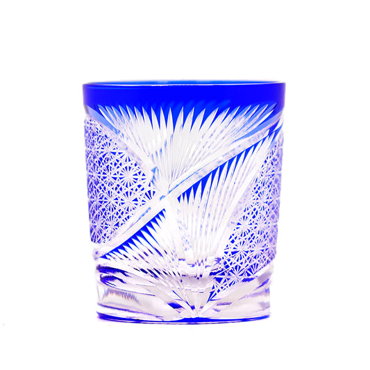 Hand Cut Edo Kiriko Wings Design Whiskey Glass 9oz Clear Blue