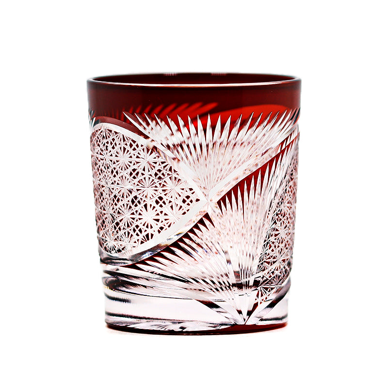 Hand Cut Edo Kiriko Wings Design Whiskey Glass 9oz Clear Red