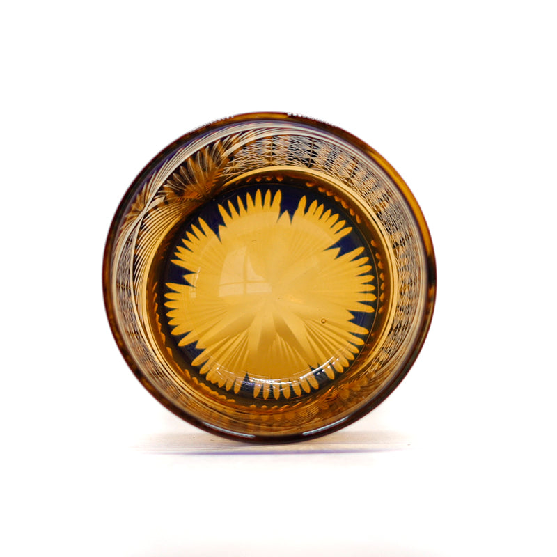 JP-030 250 ml Blue and Amber Tinted Glass Whiskey Cup With Hand Cut Classic Chrysanthemum And Fans 2 different Design