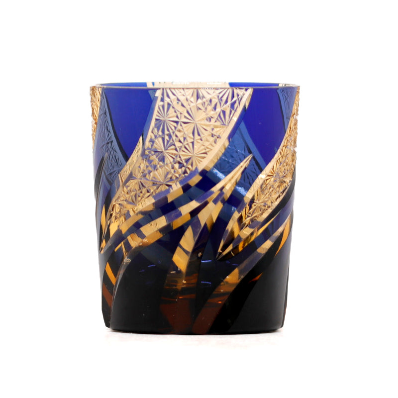 JP-029 25 CL Blue and Amber Tinted Glass Whiskey Tumbler With Classic Hand Cut Burning Flame Pattern