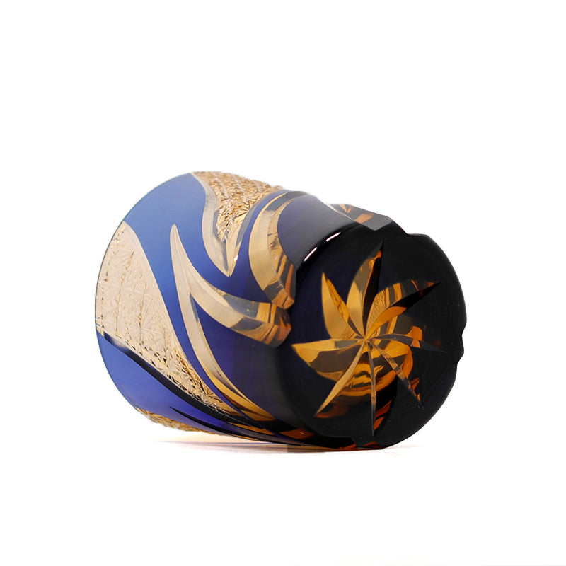 JP-029 25 CL Blue and Amber Tinted Glass Whiskey Tumbler With Classic Hand Cut Burning Flame Pattern