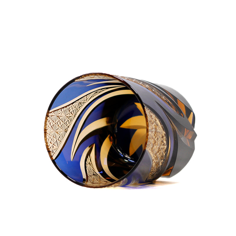 JP-029 25 CL Blue and Amber Tinted Glass Whiskey Tumbler With Classic Hand Cut Burning Flame Pattern