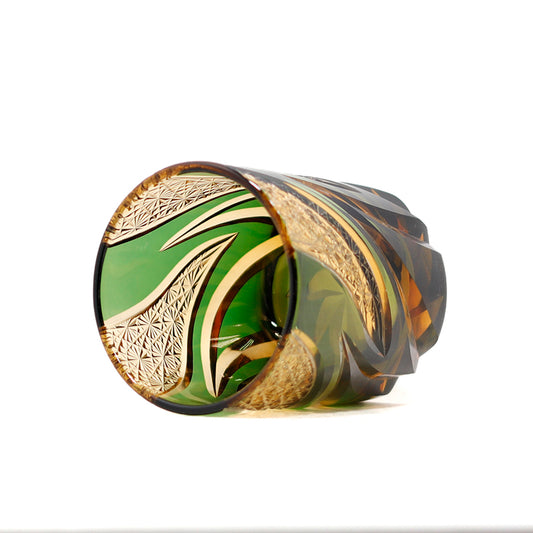 JP-029 25 CL Green and Amber Tinted Glass Whiskey Tumbler With Classic Hand Cut Burning Flame Pattern