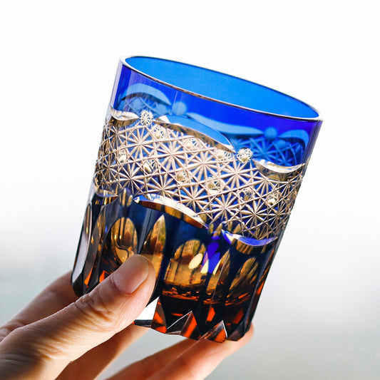JP-049 250 ml Japanesque Style Blue and Amber Color Cased Glass Whiskey Tumblers with Hand Carved Mountain and Lotus Design