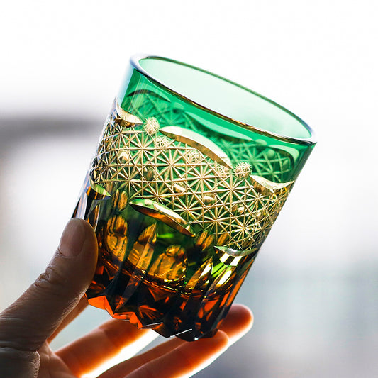 JP-049 250 ml Japanesque Style Green and Amber Color Cased Glass Whiskey Tumblers with Hand Carved Mountain and Lotus Design