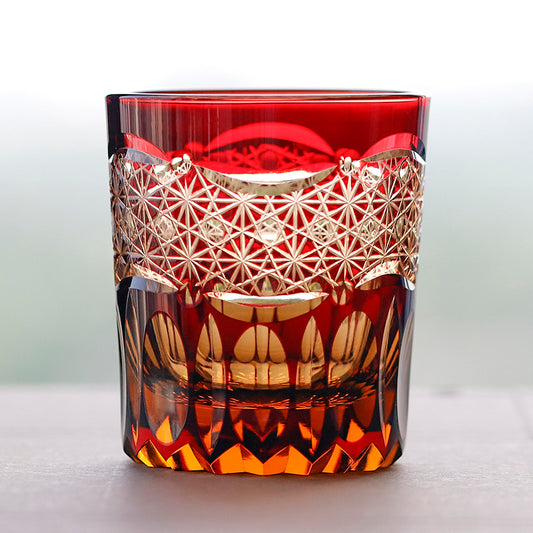 Primary image of 250 ml Japanesque Style Ruby Red and Amber Color Cased Glass Whiskey Tumblers with Hand Carved Mountain and Lotus Design - hand-cut crystal glassware