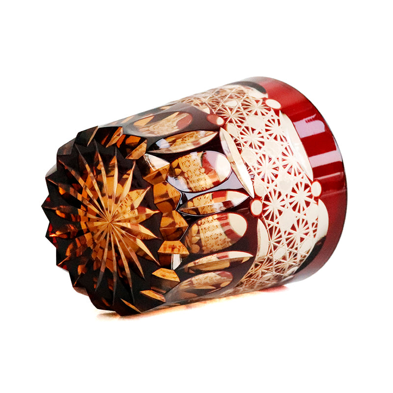JP-049 250 ml Japanesque Style Ruby Red and Amber Color Cased Glass Whiskey Tumblers with Hand Carved Mountain and Lotus Design
