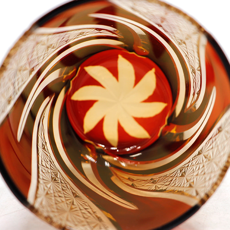 JP-029 25 CL Ruby Red and Amber Tinted Glass Whiskey Tumbler With Classic Hand Cut Burning Flame Pattern