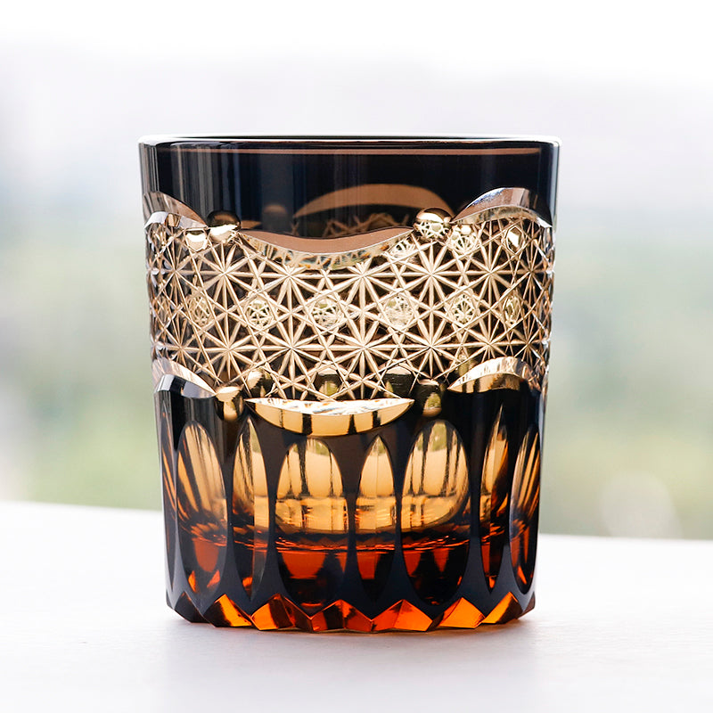 JP-054 250 ml Japanesque Style Black and Amber Color Cased Glass Whiskey Tumblers with Hand Carved Mountain and Lotus Design