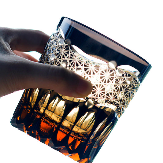 JP-049 250 ml Japanesque Style Black and Amber Color Cased Glass Whiskey Tumblers with Hand Carved Mountain and Lotus Design