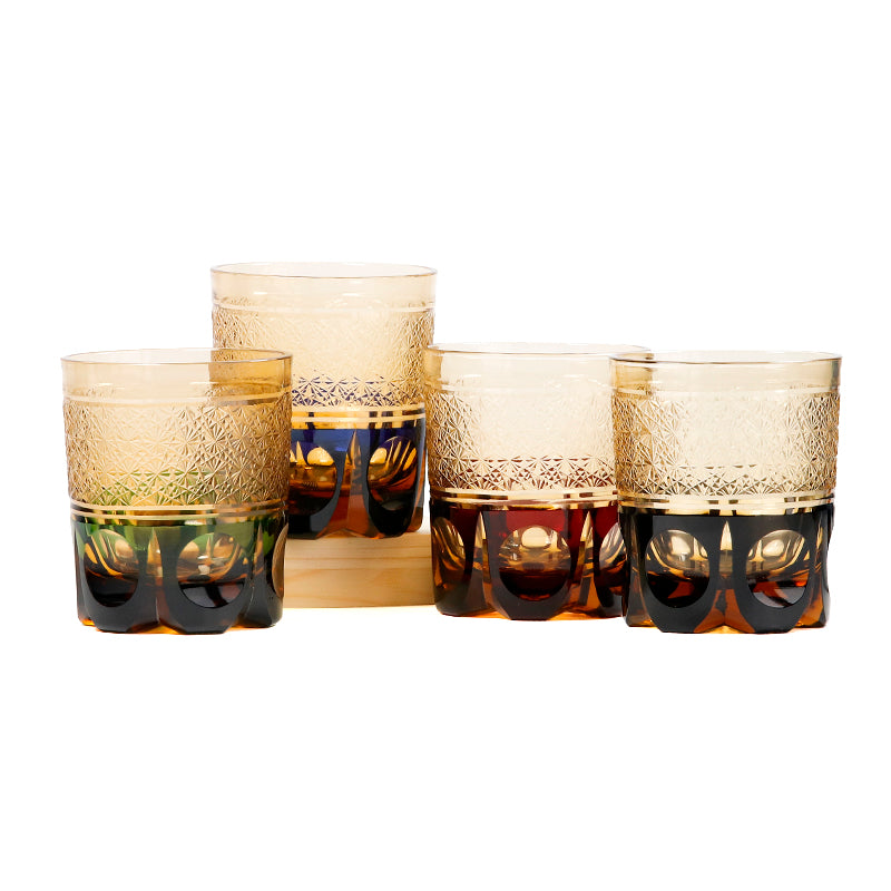 JP058 Pair Of 4 Pieces color tinted Glass Tumblers with hand cut luck