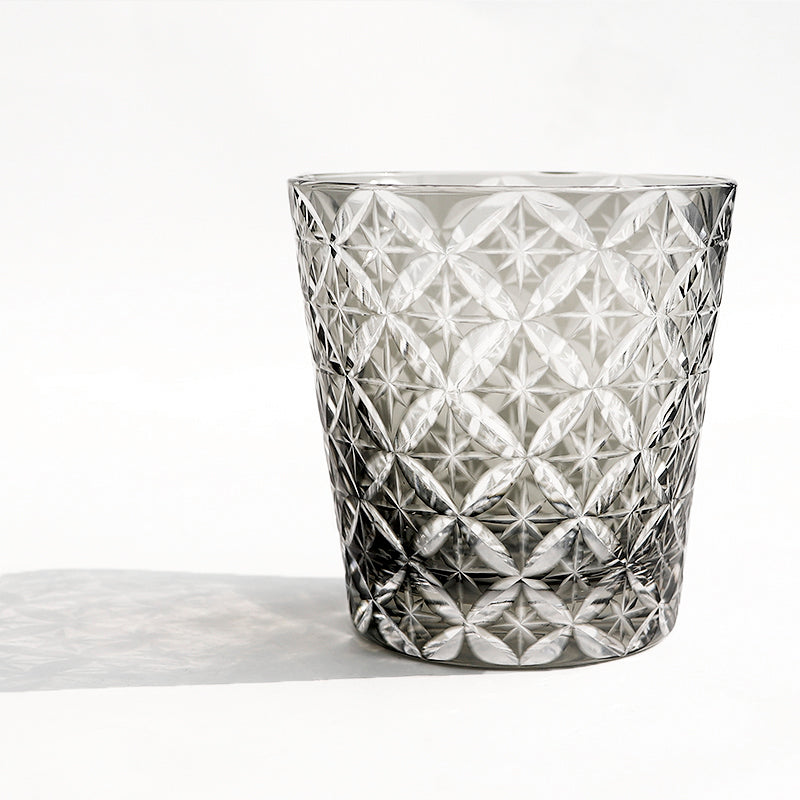 JP-051 32 cl Mouth Blown Smokey Grey Color Tinted Glass Water Whiskey Glass Tumblers---Hand engraved cross and stars