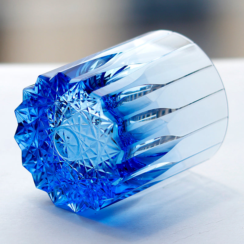 JP-091 200 ml Heavy and Thick Bottom Blue K9 Crystal Glass Tumblers---Hand engraved asterism Patterns
