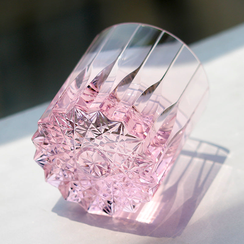 JP-091 200 ml Deep orgue bevel cuts Whiskey Tumbler Heavy and Thick Bottom Rock Glass Tumbler Pink K9 Crystal Glass Tumblers---Hand engraved asterism Patterns