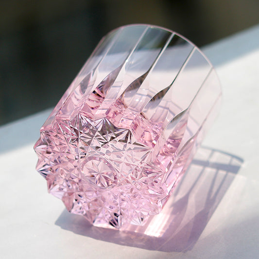 K9 Crystal Whiskey Glass Hand Cut Starlight Pattern 7oz Pink