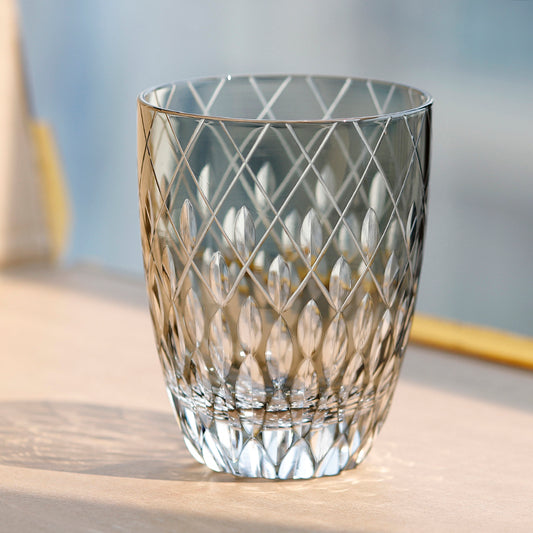 JP-062 30 cl Mouthblown Smokey Grey Highball Glass Tumblers With Hand Cut To Clear Cross & Raindrop Design