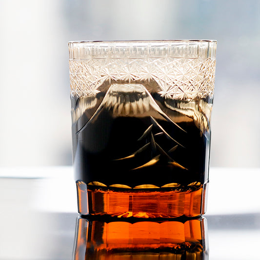 JP-037 240ml Handcrafts Edo Kiriko's Fuji Mount Whiskey Glass Black Amber In Gift Box